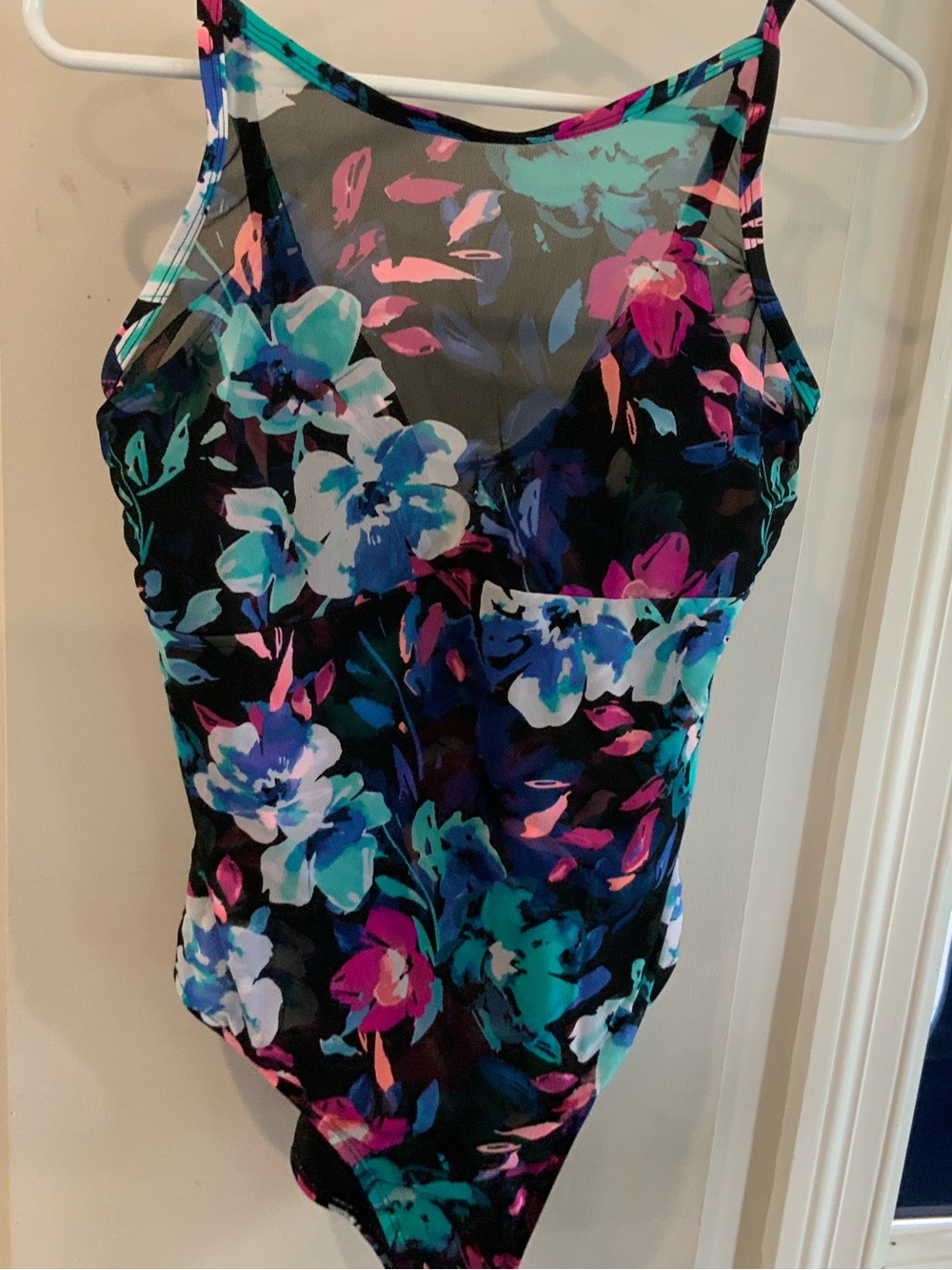 Floral Mesh-Accent One-Piece swimsuit Black Multi size XL. SKU 3114